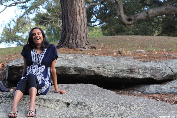 Botanic-Garden-Sydney-Australia-travel-blog-passportpages-Samta-sitting-on-rock